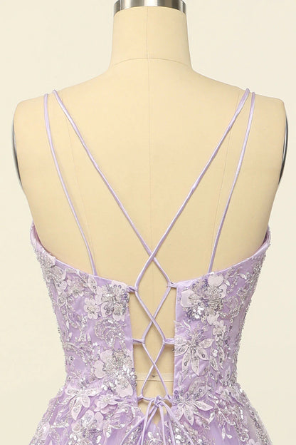 Purple Plunge V Spaghetti Straps Lace-Up Back Prom Dress With Appliques