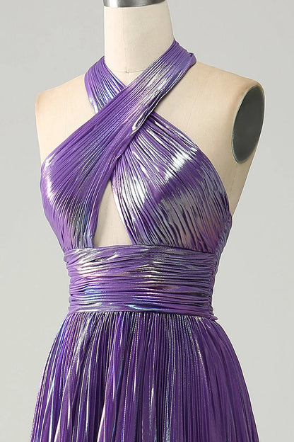 Sparkly Purple Halter A Line Backless Prom Dress with Pleated ﻿