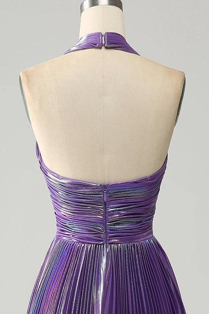 Sparkly Purple Halter A Line Backless Prom Dress with Pleated ﻿