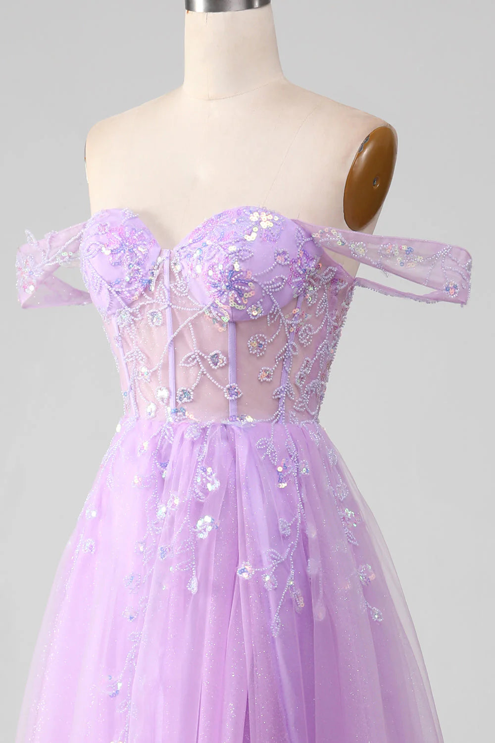 Lavender A Line Off the Shoulder Sequin Beaded Tulle Prom Dress with Slit