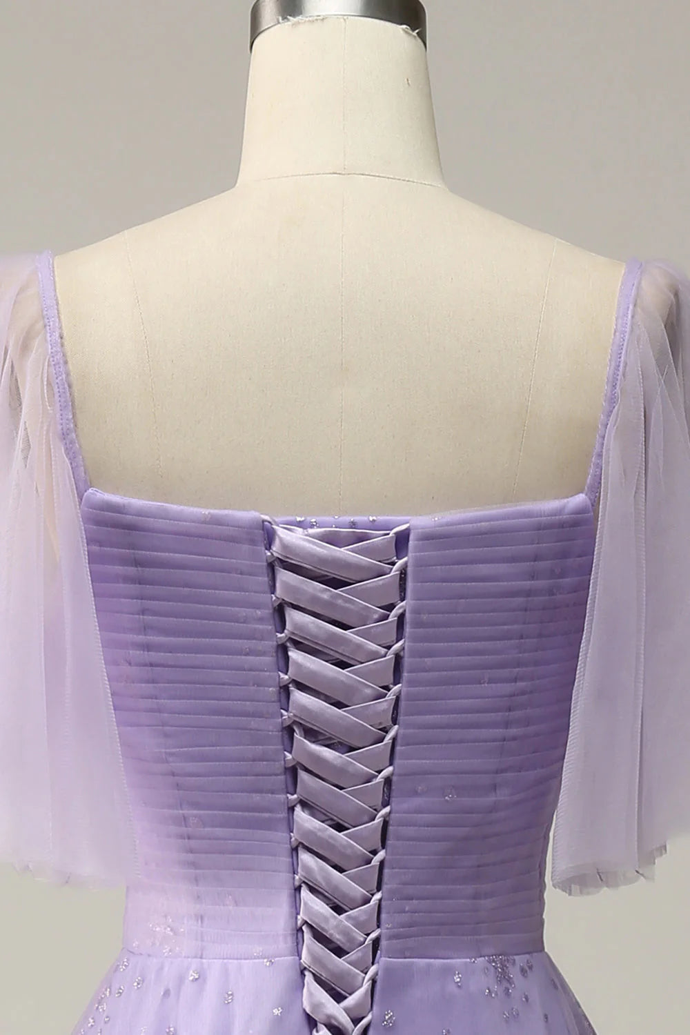 Off-the-Shoulder Lavender Lace-Up Back Prom Dress with Ruffles