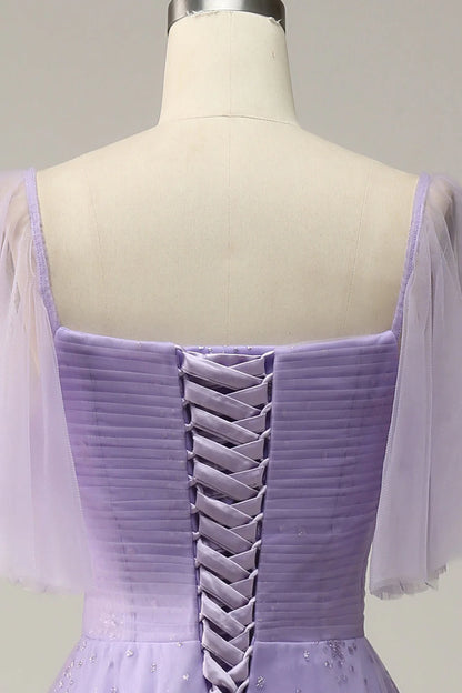 Off-the-Shoulder Lavender Lace-Up Back Prom Dress with Ruffles