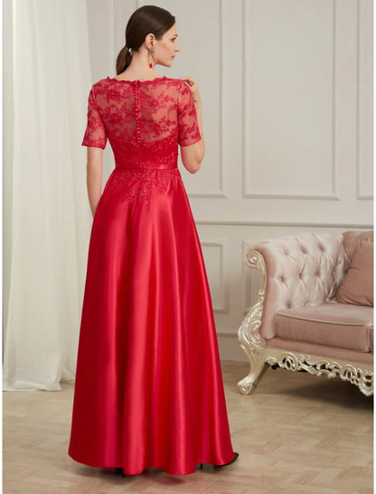 A-Line Evening Gown Elegant Dress Wedding Guest Floor Length Short Sleeve Jewel Neck Polyester with Pleats Beading Appliques