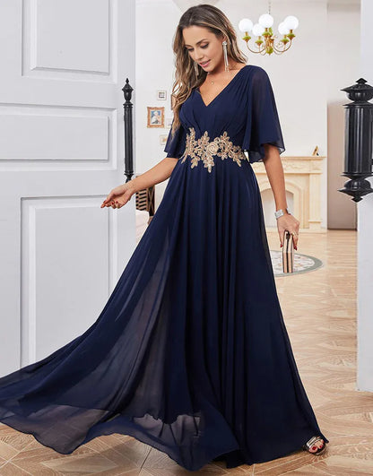 Navy A-line Chiffon V-neck Applique Short Sleeve Mother of Bride Dress