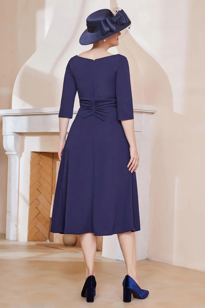 Fall Wedding Guest Dress November Mother of the Bride Dress V-neck Pleated Tea-Length Dress Simple Elegant Dress