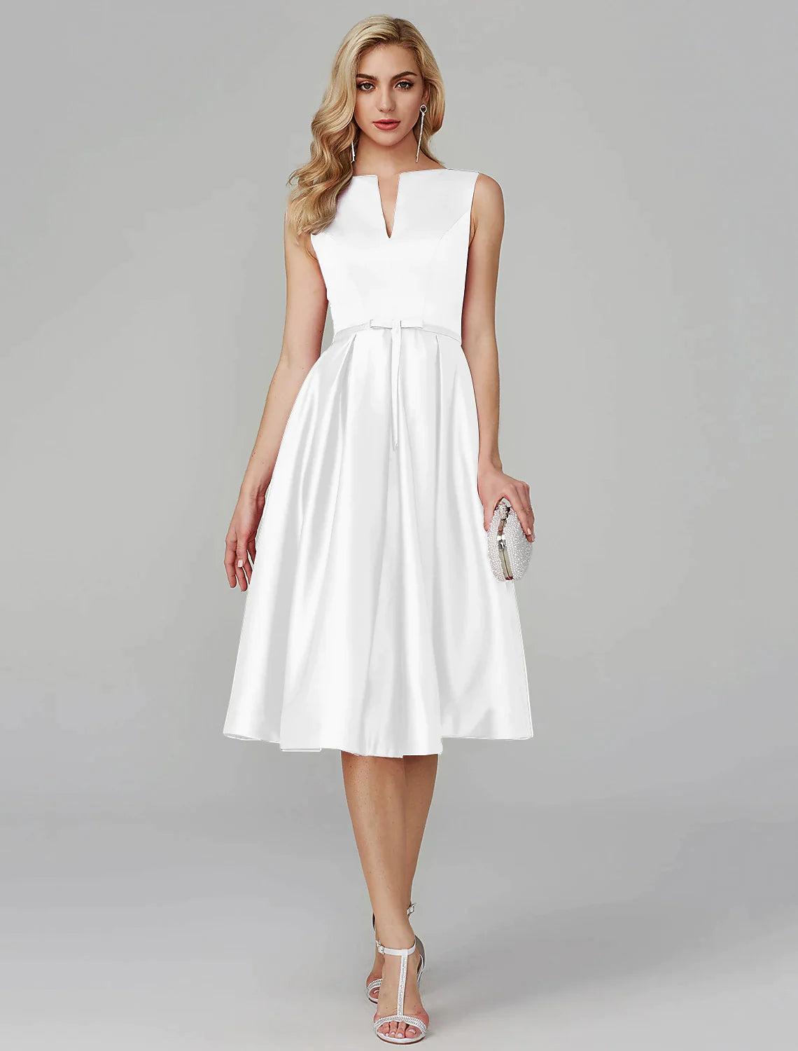 A-Line Party Dress Wedding Guest Knee Length Sleeveless V Wire Barbiecore Satin with Sash / Ribbon