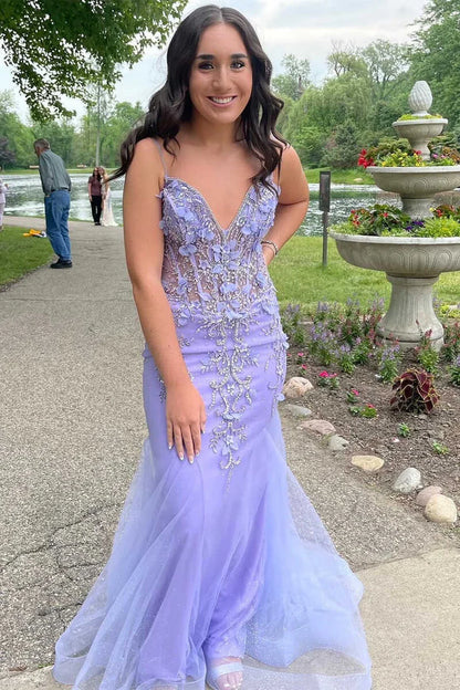V-Neck Open Back Appliques Trumpet Long Formal Dress