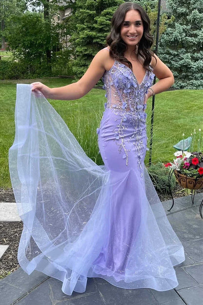 V-Neck Open Back Appliques Trumpet Long Formal Dress