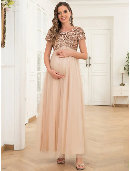 A-Line Party Dresses Maternity Dress Party Wear Ankle Length Short Sleeve Jewel Neck Tulle with Sequin