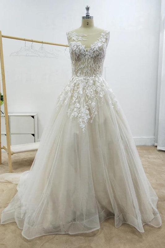 A-line Floral Applique Beach Wedding Dresses Backless Wedding Gown