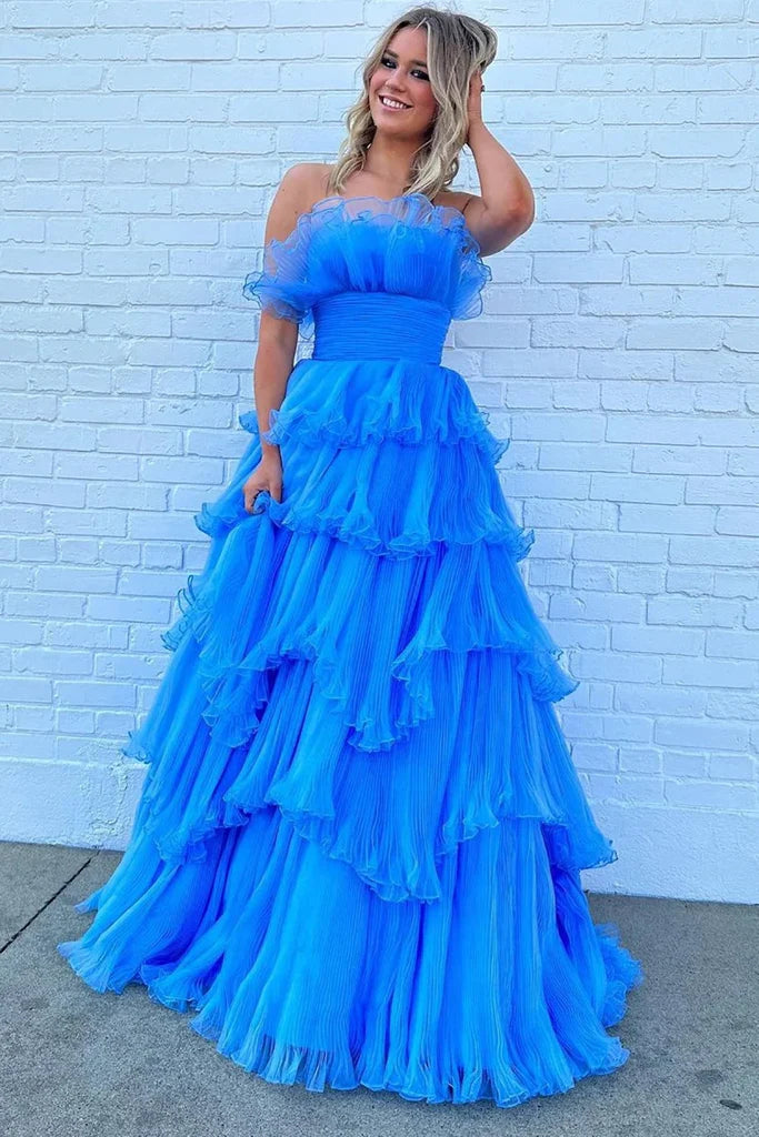 Charming A Line Strapless  Long Prom Dress with Ruffles
