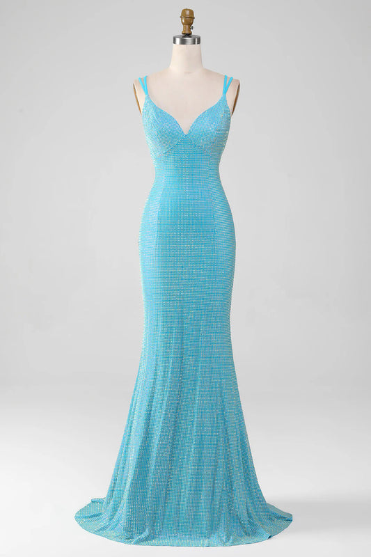 Sparkly Turquoise V-Neck Mermaid Spaghetti Straps Long Prom Dress With Beading
