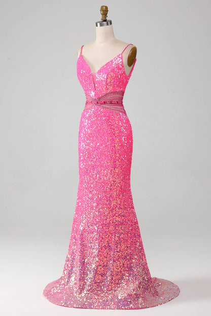 Hot Pink Spaghetti Straps Glitter Mermaid Slim-fit Prom Dress with Beading Waist