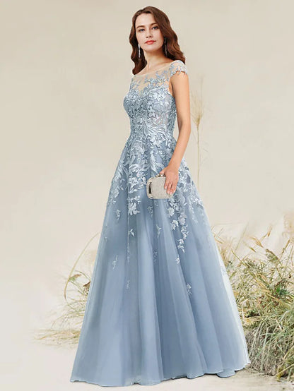 A-Line Empire Elegant Party Wear Formal Evening Dress Jewel Neck Sleeveless Floor Length Lace with Appliques