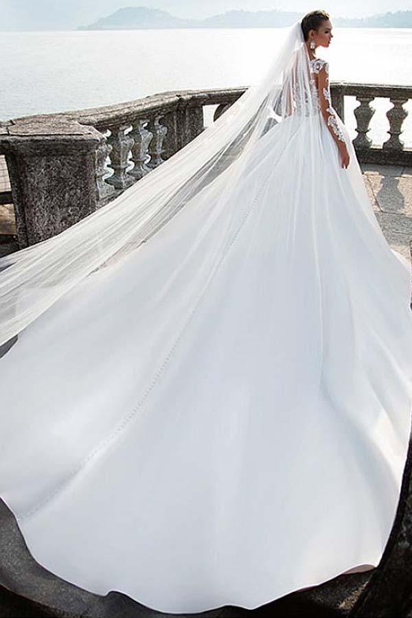 Satin Bateau Neckline A-Line Wedding Dresses With Lace Appliques