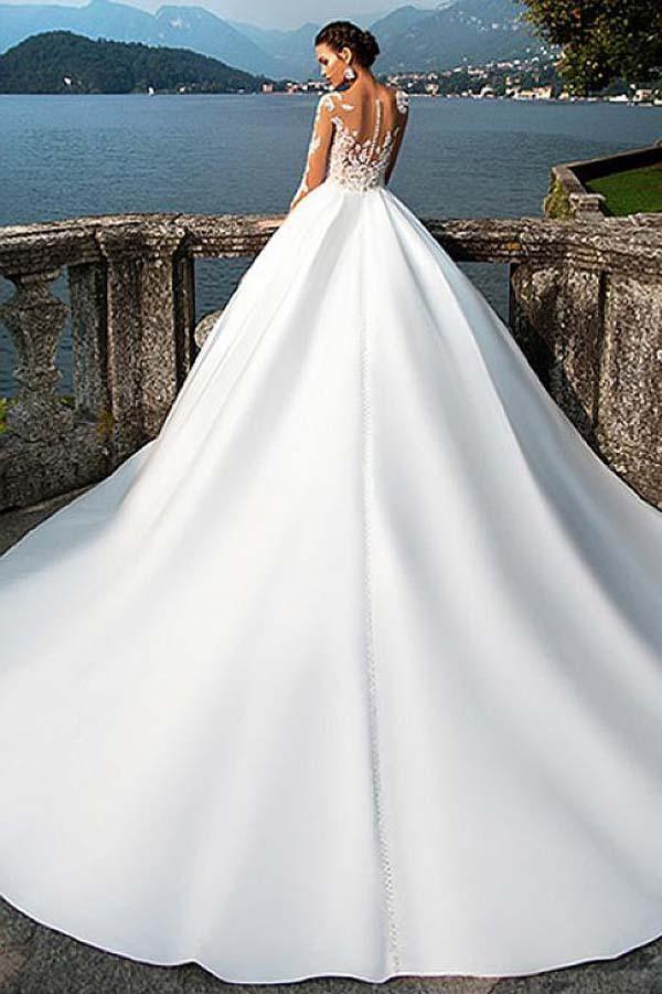 Satin Bateau Neckline A-Line Wedding Dresses With Lace Appliques