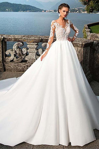 Satin Bateau Neckline A-Line Wedding Dresses With Lace Appliques