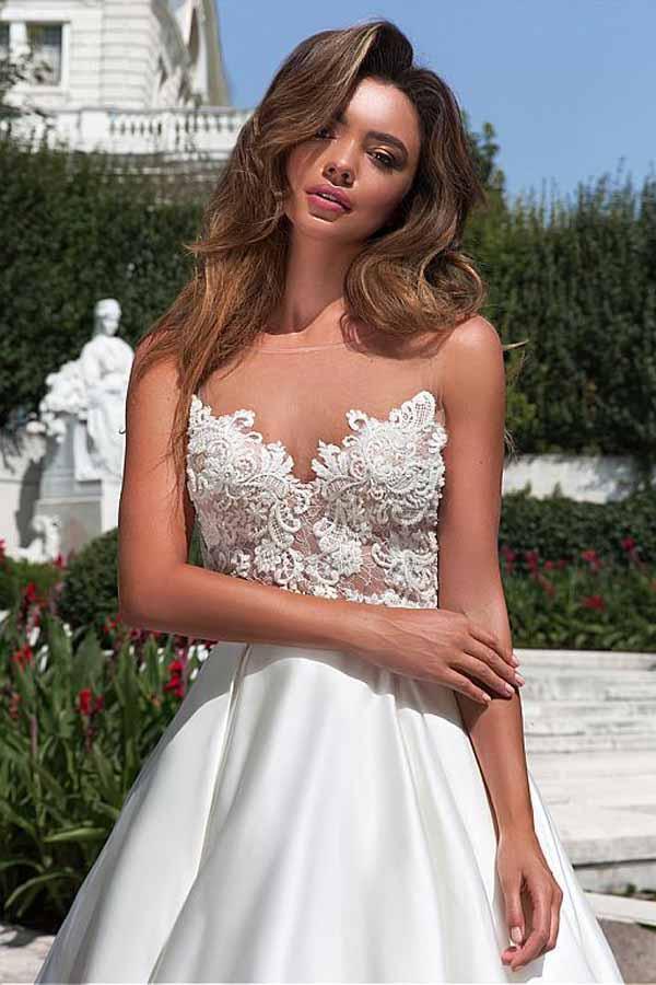 Satin Neckline A-line Wedding Dress With Pockets Lace Appliques