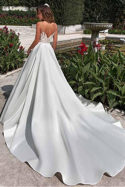 Satin Neckline A-line Wedding Dress With Pockets Lace Appliques