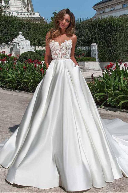 Satin Neckline A-line Wedding Dress With Pockets Lace Appliques