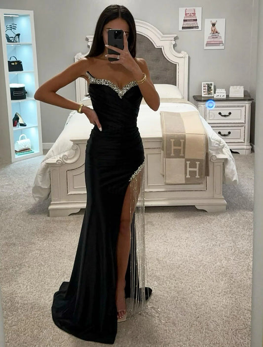 Sheath Mermaid Trumpet Formal Prom Dress  Sleeveless Floor Length Satin Party Dress with Crystals Tassel Slit