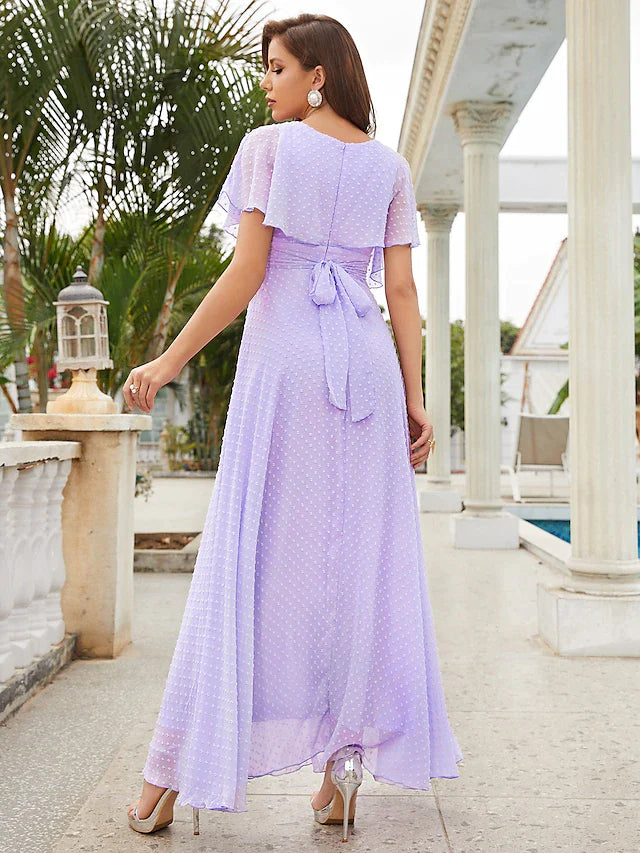 A-Line Wedding Guest Dresses Elegant Dress Party Wear Ankle Length Short Sleeve V Neck Chiffon with Ruffles Strappy