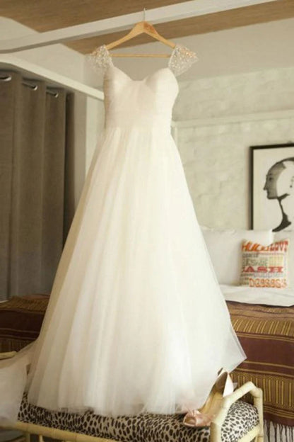 Scoop Cap Sleeves Sweep Train Beading Pleated Wedding Dress with Beading