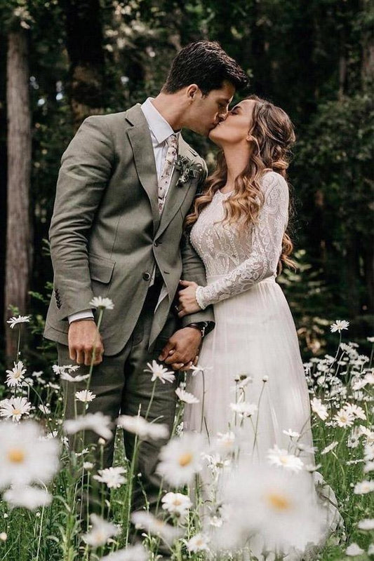 Scoop Long Sleeve Chiffon Wedding Dresses Backless Ivory Bridal Gown