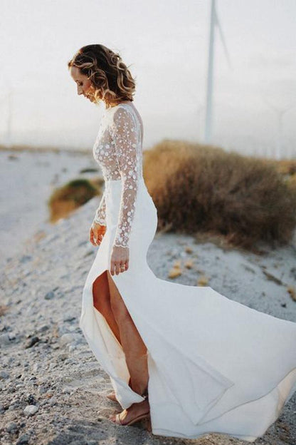 Scoop Neck Open Back Lace Long Sleeves Wedding Dresses with Split