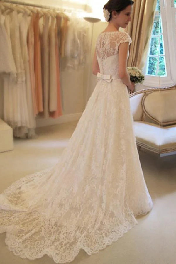 Scoop Neck Short Sleeve A-Line Lace Wedding Dress