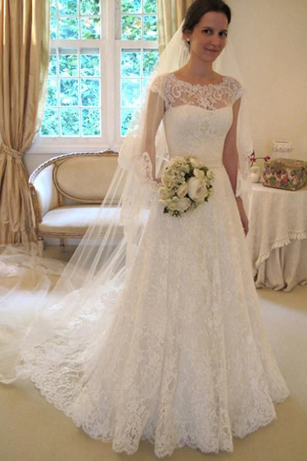 Scoop Neck Short Sleeve A-Line Lace Wedding Dress