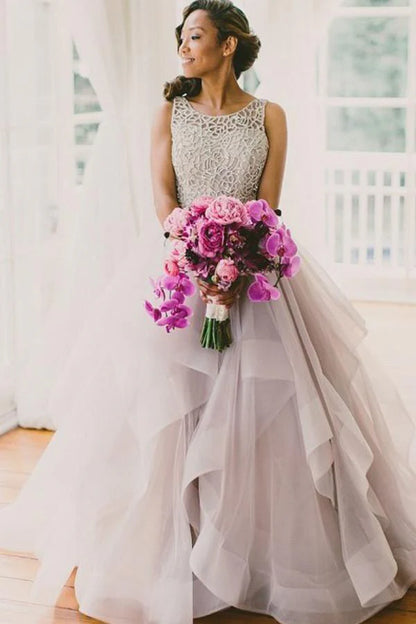 Scoop Sleeveless Organza Prom Dress Evening Gowns with Sweep Train