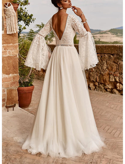 Fall November December Wedding Dresses A-Line V Neck Long Sleeve Sweep / Brush Train Lace Draping Fantastic Bridal Gowns