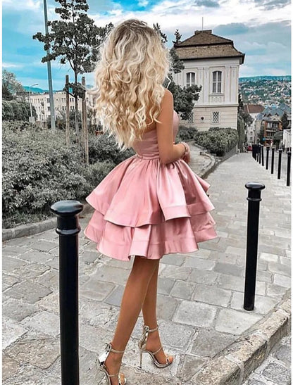 A-Line Satin Mini Homecoming Dress One Shoulder Minimalist Cocktail Party Dress Dress Sleeveless