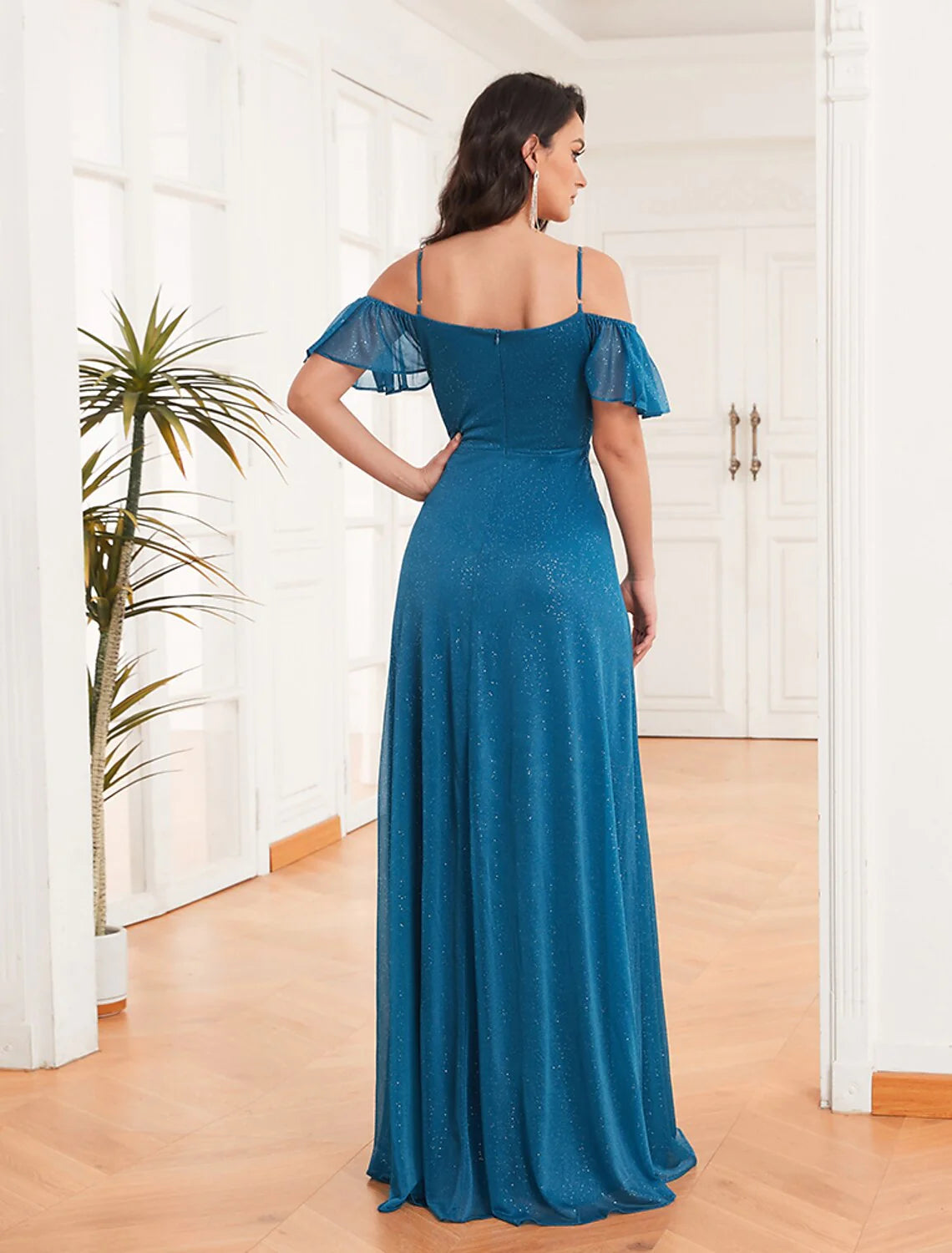 New Off Shoulder A-Line Side Split Sparkle Chiffon Bridesmaid Dress Adjustable Spaghetti Strap Ruffle Plus Size Evening