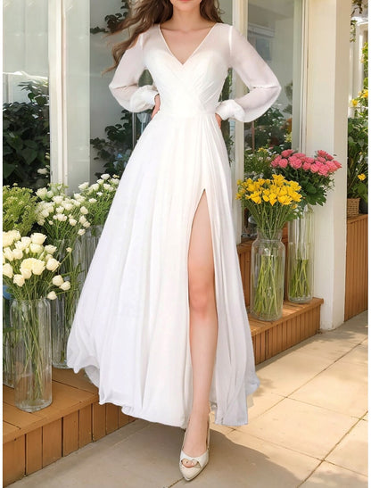 Fall November December Wedding Dresses A-Line V Neck Long Sleeve Floor Length Chiffon Simple Elegant Ruched Split Fork Simple Bridal Gowns