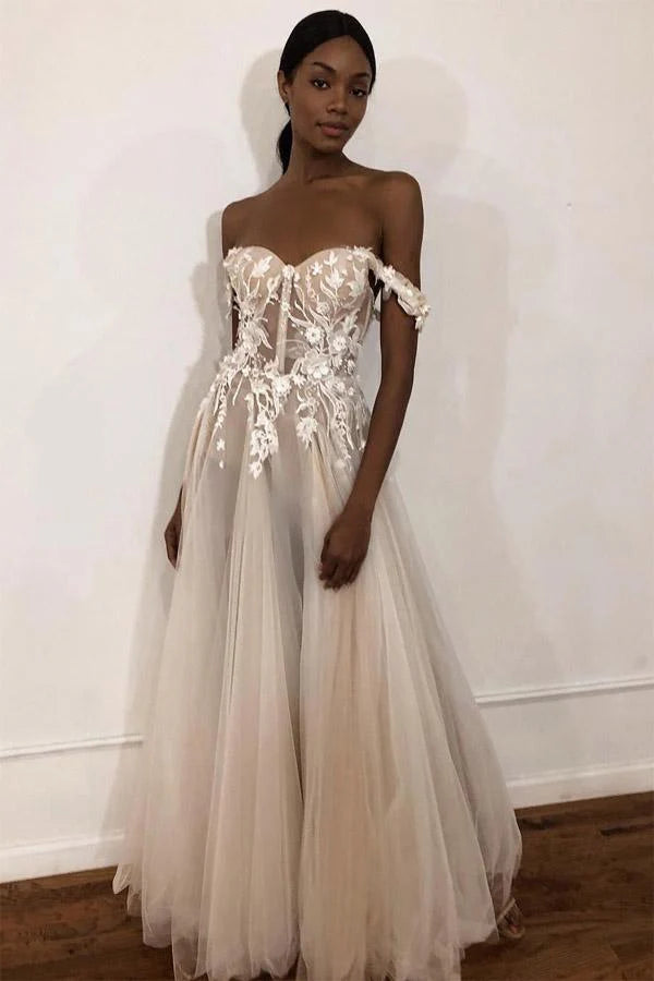 See-Through Off Shoulder Ivory Long Wedding Dress with Appliques