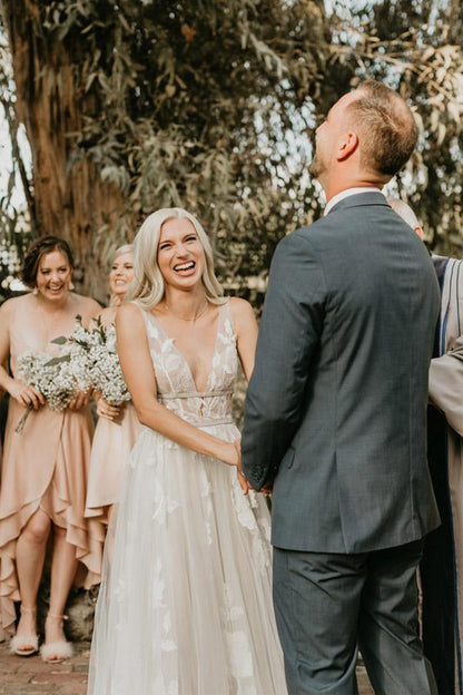 See Through Lace Ivory Tulle V-neck V-back Beach Wedding Dresses