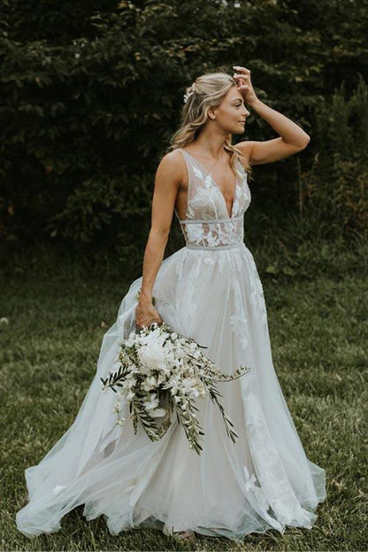 See Through Lace Ivory Tulle V-neck V-back Beach Wedding Dresses