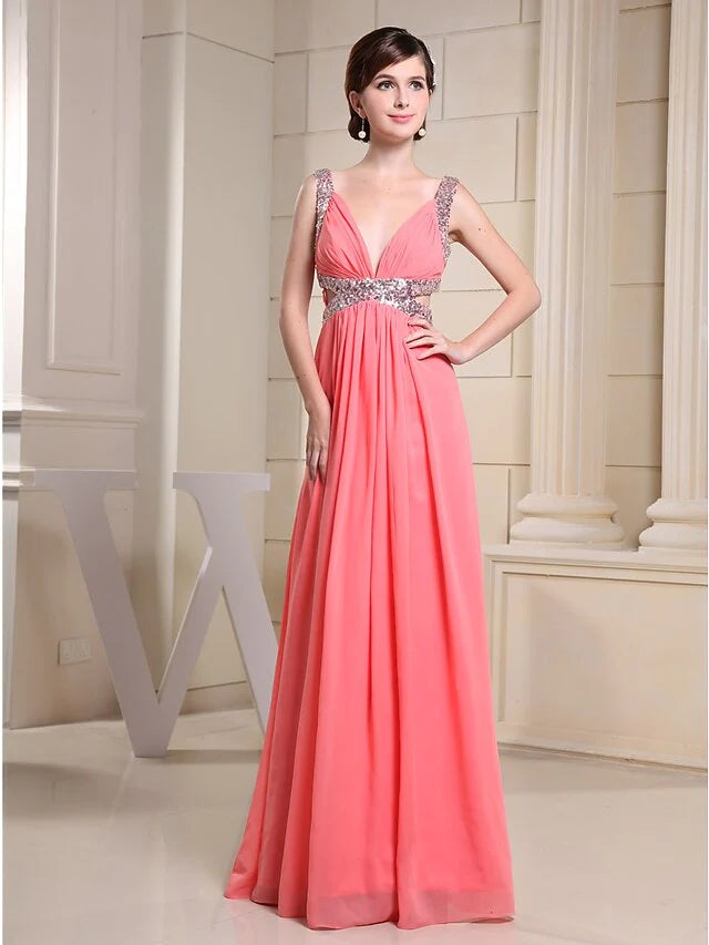 A-Line Evening Gown Sparkle Dress Engagement Floor Length Sleeveless V Neck Chiffon with Pleats Sequin