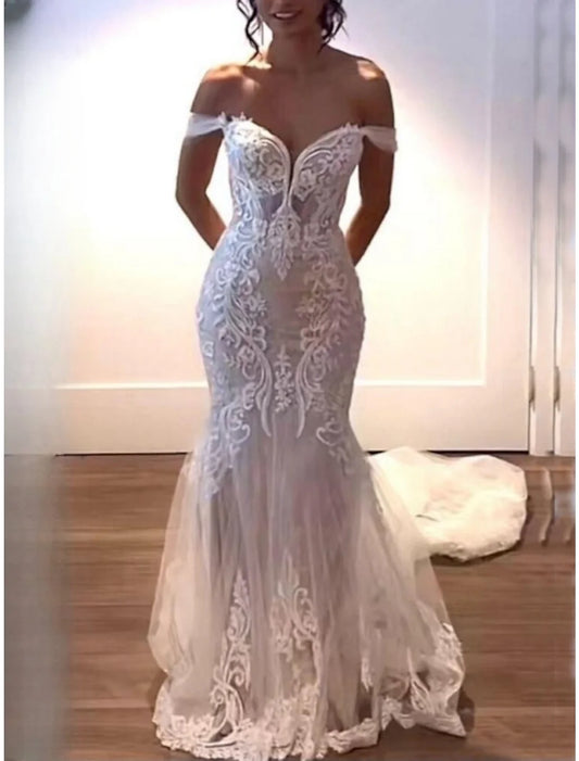 Wedding Dresses Mermaid / Trumpet Off Shoulder Sleeveless Court Bridal With Pleats