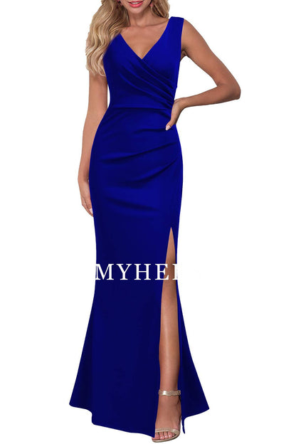 Formal Wear Dresses Prom Dress V Neck Sleeveless Pleated Split Evening Cocktail Long Dress Wedding Guest Dresses