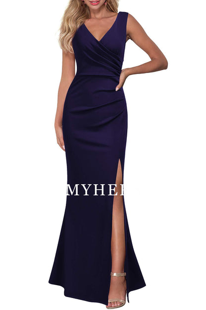 Formal Wear Dresses Prom Dress V Neck Sleeveless Pleated Split Evening Cocktail Long Dress Wedding Guest Dresses