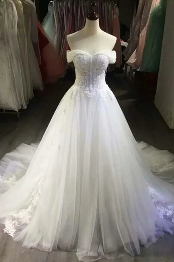 Sexy Off Shoulder White Tulle Wedding Dresses With Applique