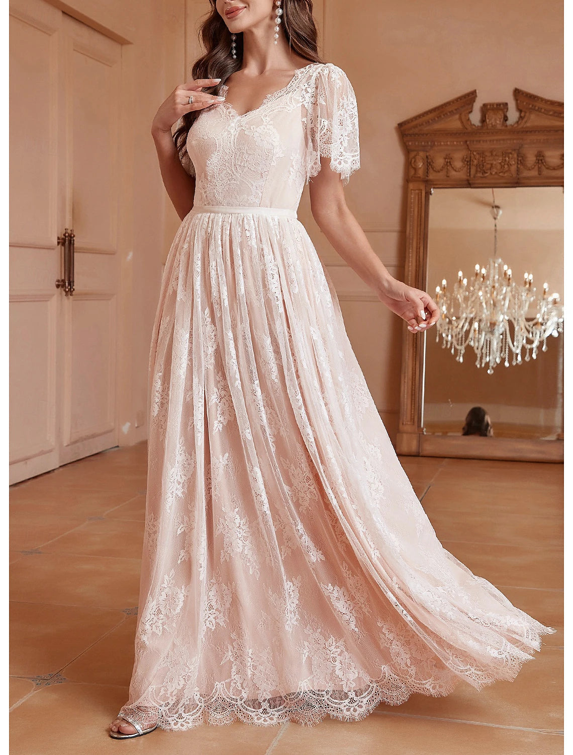 Fall November December Wedding Dresses A-Line V Neck Short Sleeve Floor Length Lace Pleats Sweet Elegant Bridal Gowns