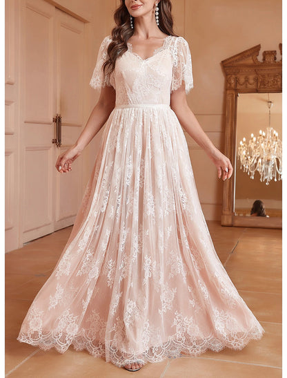 Fall November December Wedding Dresses A-Line V Neck Short Sleeve Floor Length Lace Pleats Sweet Elegant Bridal Gowns