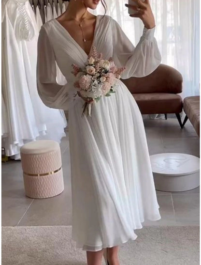 Fall November December Wedding Dresses A-Line V Neck Long Sleeve Length Chiffon Bridal Gowns Pleats Solid Color Little White Simple Dresses