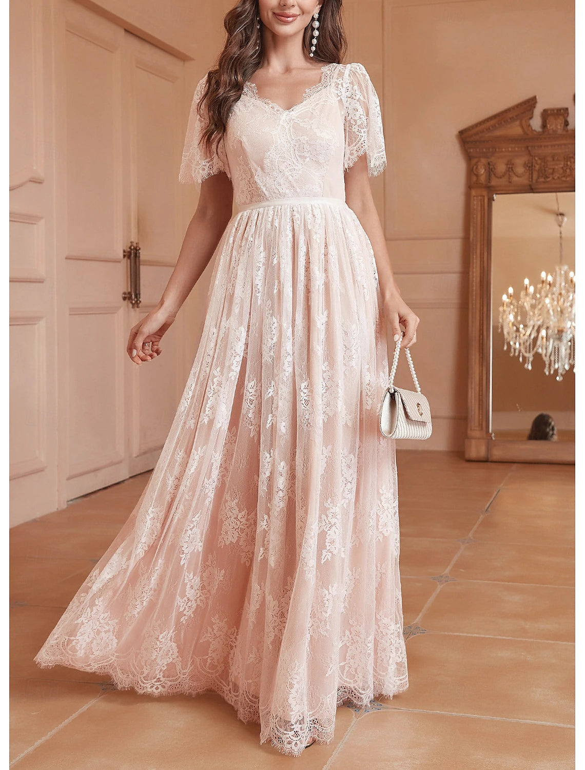 Fall November December Wedding Dresses A-Line V Neck Short Sleeve Floor Length Lace Pleats Sweet Elegant Bridal Gowns