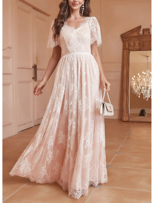 Fall November December Wedding Dresses A-Line V Neck Short Sleeve Floor Length Lace Pleats Sweet Elegant Bridal Gowns