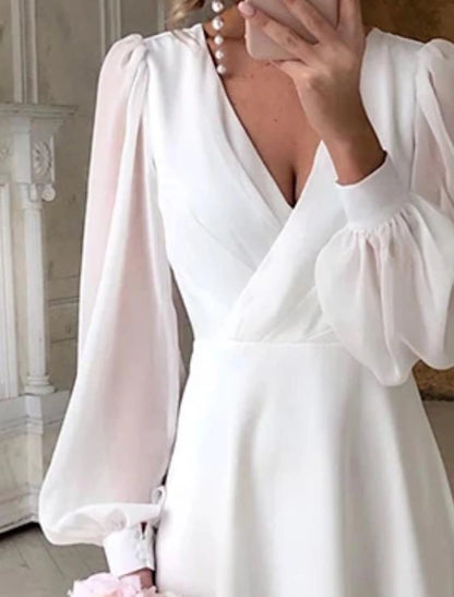 Fall November December Wedding Dresses Simple A-Line V Neck Long Sleeve Ankle Length Chiffon Bridal Gowns With Solid Color Little White Dresses